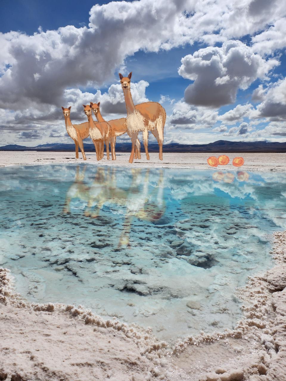 Vicuñas dibujadas sobre las Salinas Grandes