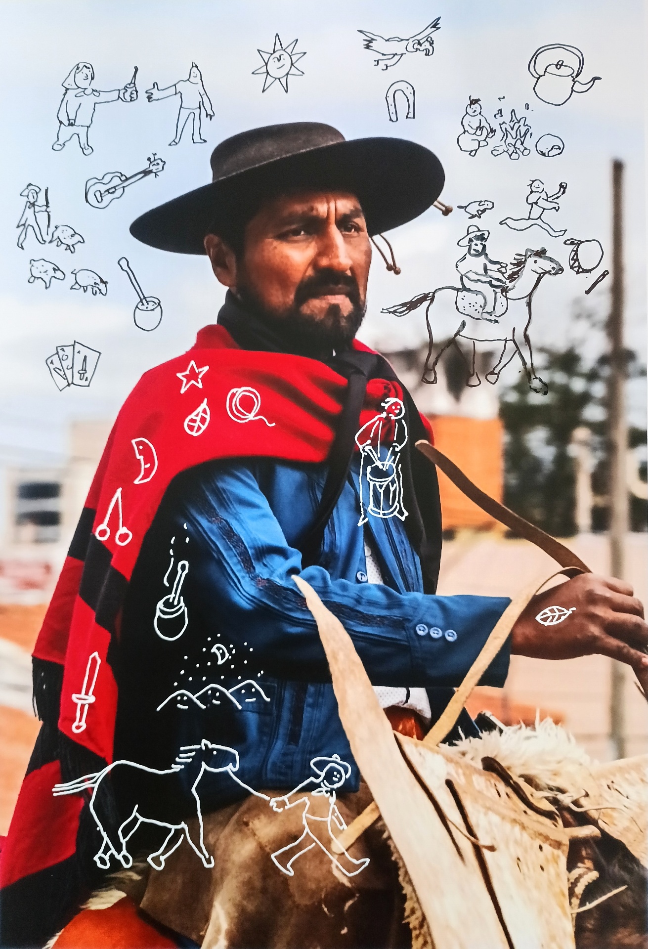 Gaucho con poncho y símbolos del oficio