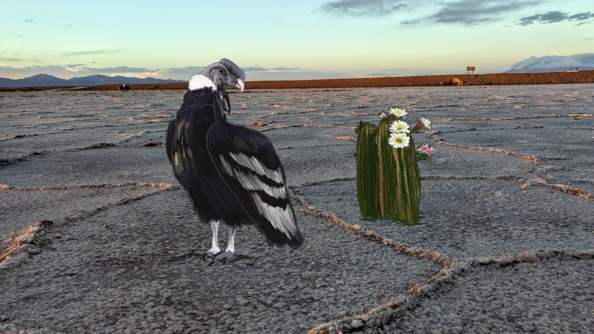 Cóndor y cardón florecido sobre las salinas